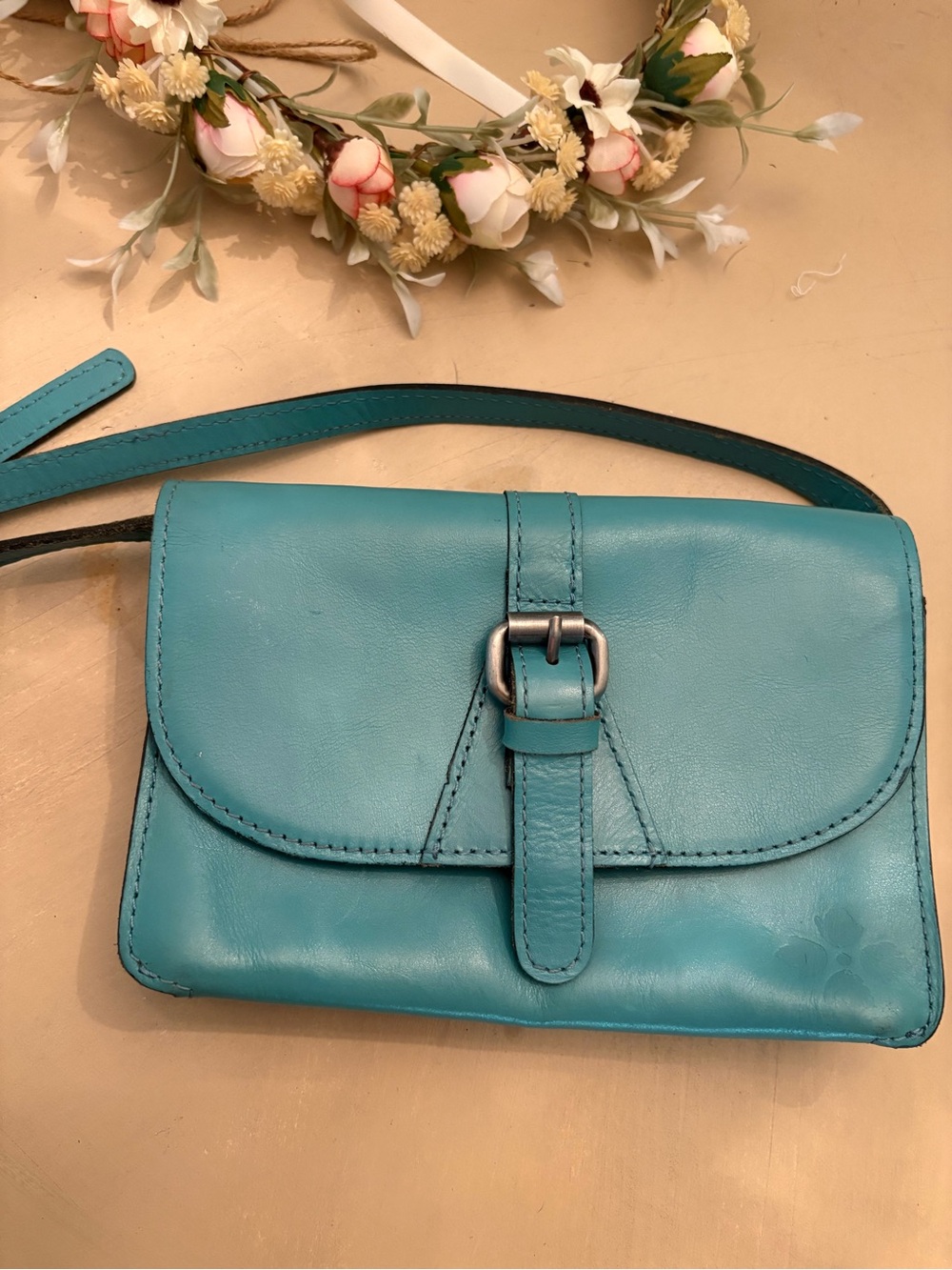 Patricia Nash Teal Leather Crossbody with Buckle Detail